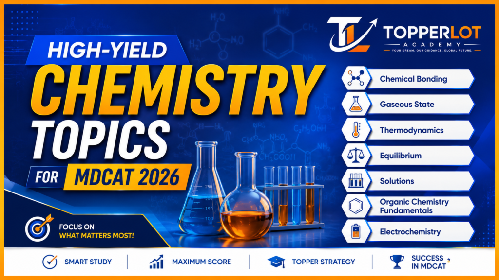 Open MDCAT Chemistry textbook with highlighted high-yield topics and a mug of coffee on a study table